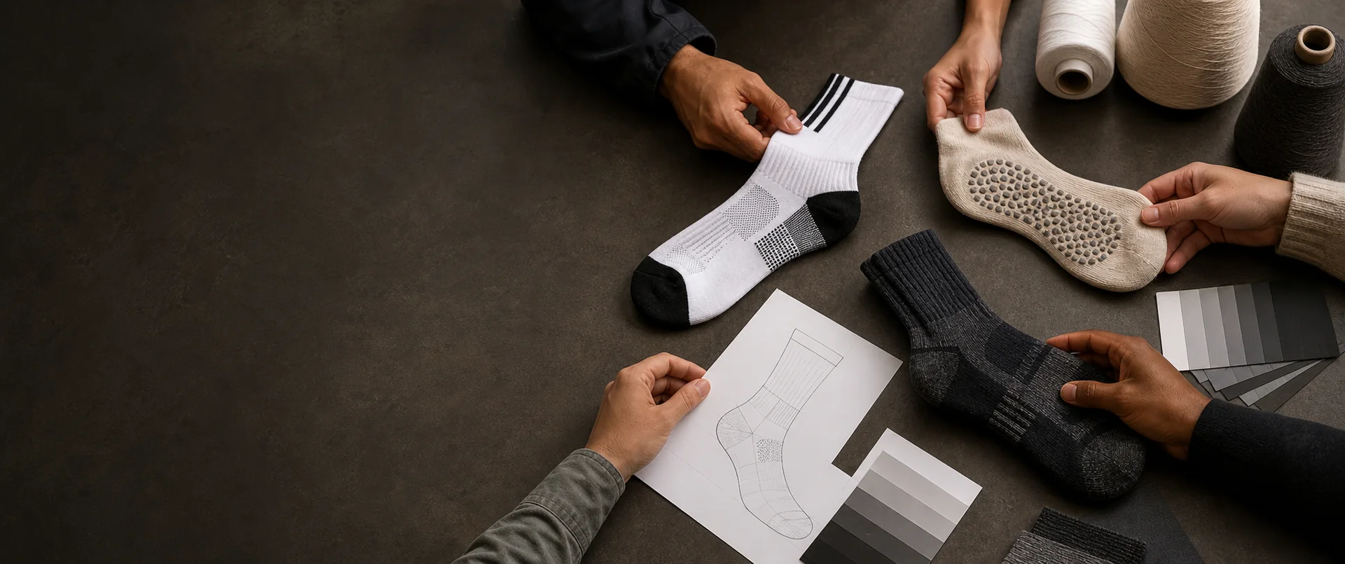 Sock product development discussion with unbranded samples, yarn and specifications