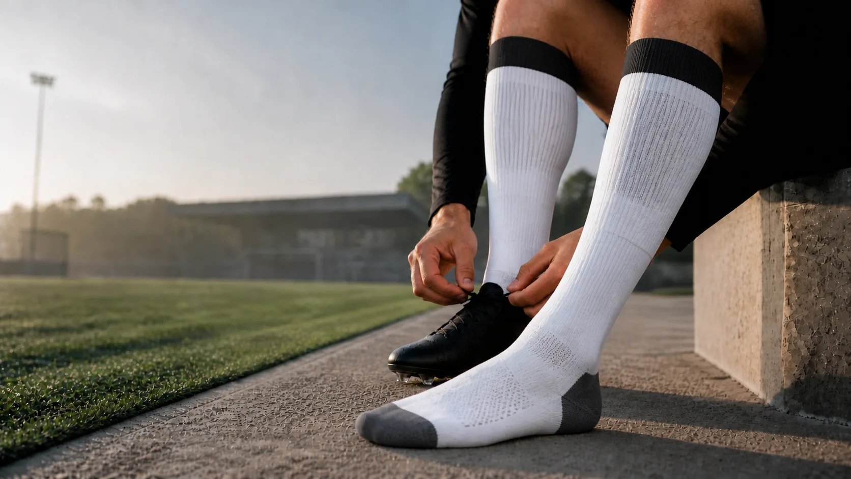 Football player wearing white technical socks while preparing for training