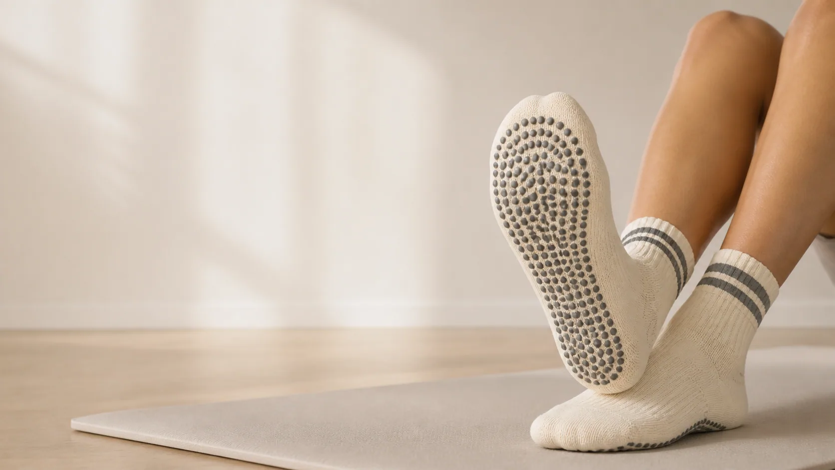 Pilates athlete wearing ivory crew grip socks with visible silicone sole dots