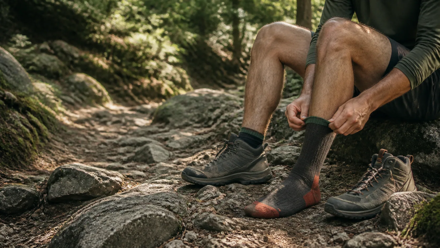 Hiker adjusting a cushioned charcoal outdoor sock on a woodland trail